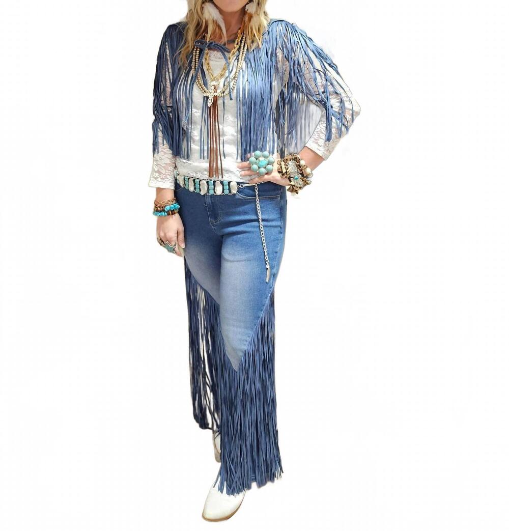 NEW A RARE BIRD women's denim fringe collar jeans in blue